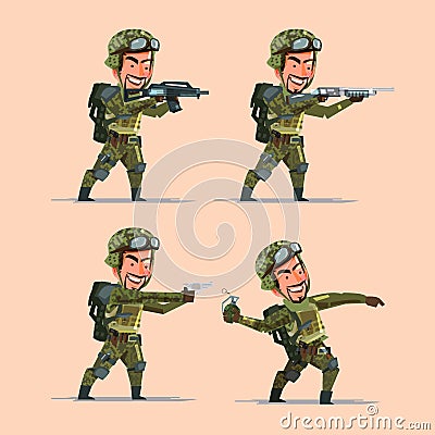 soldier holding various guns and bomb preparing to shoot. Soldier character design - vector Vector Illustration