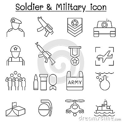 Soldier icon set in thin line style Cartoon Illustration