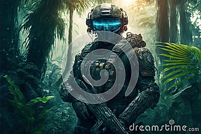 Soldier in jungle, man with futuristic military equipment in forest, generative AI Cartoon Illustration
