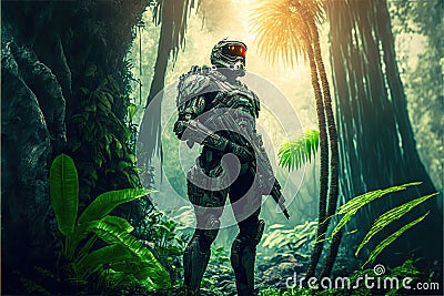 Soldier in jungle, man with futuristic military equipment in forest, generative AI Cartoon Illustration