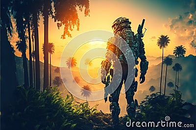 Soldier in jungle at sunset, man with military equipment in forest, generative AI Cartoon Illustration