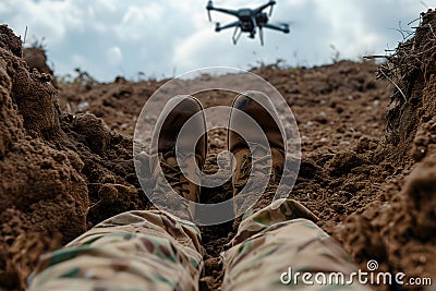 soldier legs laying on the dirt with flying drone in the sky above Stock Photo