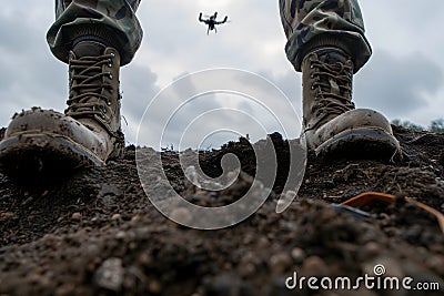 soldier legs standing on the dirt and drone in the sky above Stock Photo