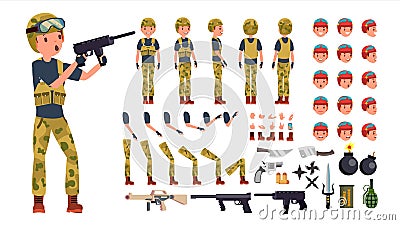 Soldier Male Vector. Animated Character Creation Set. Military Man Full Length, Front, Side, Back View, Accessories Vector Illustration