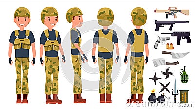 Soldier Man Set Vector. Poses. Army Person. Camouflage Uniform. Shooter. Saluting. Cartoon Military Character Vector Illustration