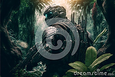 Soldier with military equipment in forest, warrior in futuristic helmet in jungle, generative AI Cartoon Illustration