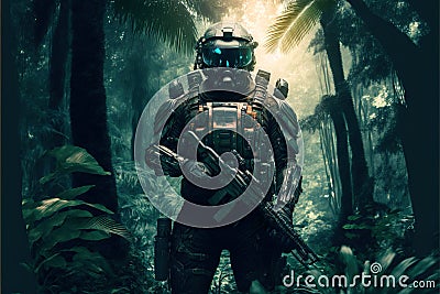 Soldier with military equipment in forest, warrior in futuristic mask in jungle, generative AI Cartoon Illustration