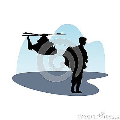 Soldier military standing with helicopter silhouette Vector Illustration