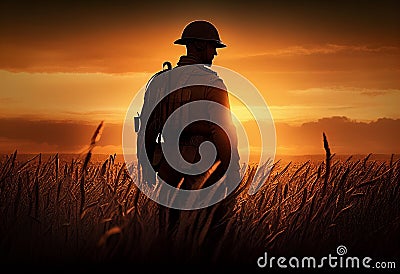 A soldier in military uniform stands among the golden spikelets of a wheat field at sunset. AI Generated Stock Photo