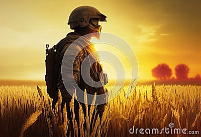 A soldier in military uniform stands among the golden spikelets of a wheat field at sunset Stock Photo