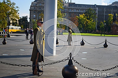 Soldier on patrol by the Parliament House, Budapest Editorial Stock Photo