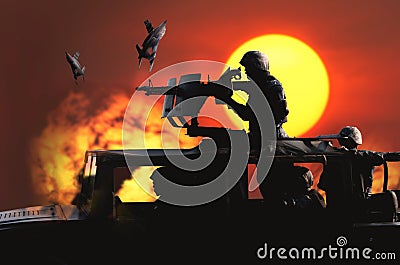 Soldier preparing to aim machine gun mounted on the roof of Humvee Stock Photo