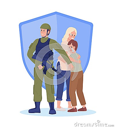 Soldier protecting citizens 2D vector isolated illustration Vector Illustration