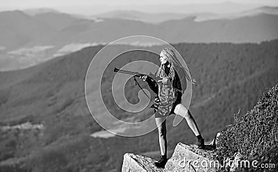 Soldier salute. woman assassin with gun. war time. female soldier. fight for justice. military fashion. head hunter Stock Photo