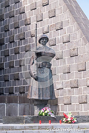 Soldier sculpture on Monument to the battle on the Slovak side of the Dukla Pass. Editorial Stock Photo