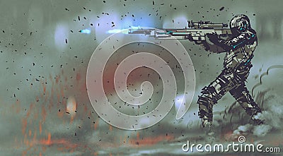 Soldier shooting gun with futuristic concept Cartoon Illustration