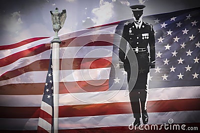 Soldier silhouette, american eagle and US National flag. Stock Photo