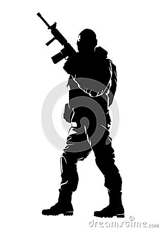 soldier standing with a gun.silhouette of a salute soldier military salute in black Stock Photo