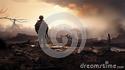 A soldier stands in the middle of a destroyed forest, AI Stock Photo