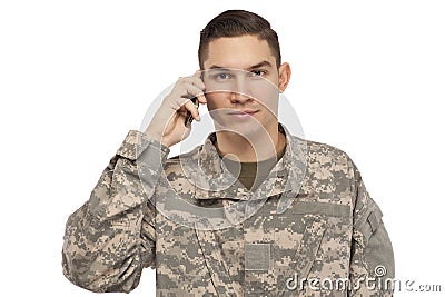 Soldier talking on mobile phone Stock Photo
