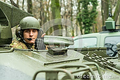 Soldier in tank on Romanian military parade Editorial Stock Photo