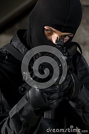 Soldier targeting with a M-4 gun Stock Photo