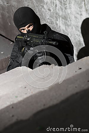 Soldier targeting with a M-4 gun Stock Photo