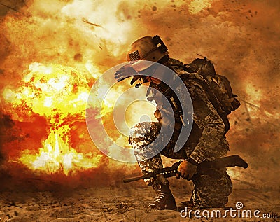 Soldier turning to mushroom cloud Stock Photo