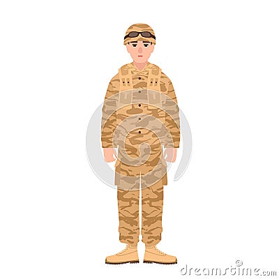 Soldier of USA armed forces wearing combat uniform. Infantryman or serviceman in battledress isolated on white Vector Illustration