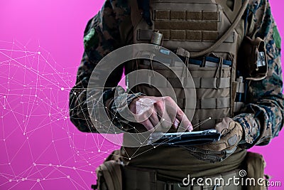 Soldier using tablet computer closeup pixelated Stock Photo