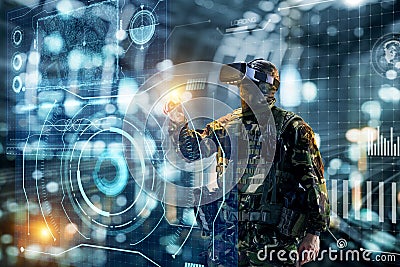 Soldier in virtual reality glasses. Military concept of the future. Stock Photo