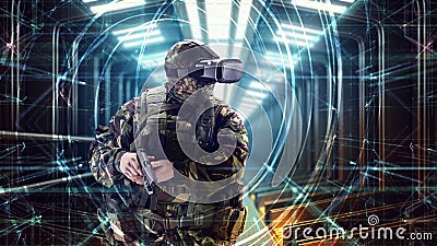 Soldier in virtual reality glasses. Military concept of the future Stock Photo