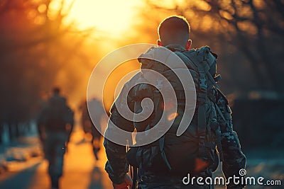 a soldier walking along the road on a sunset morning Stock Photo