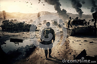 Soldier walking on battlefield, view of broken tanks during war, generative AI Cartoon Illustration