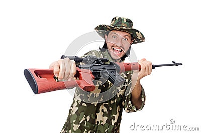 The soldier with weapons isolated on white Stock Photo