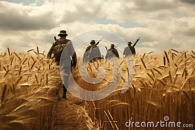 Soldier in the wheat field. Military historical reenactment, A ranger team walking through a wheat field, AI Generated Stock Photo