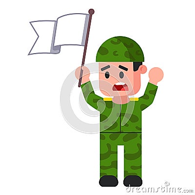 Soldier with white flag. green camouflage form Cartoon Illustration