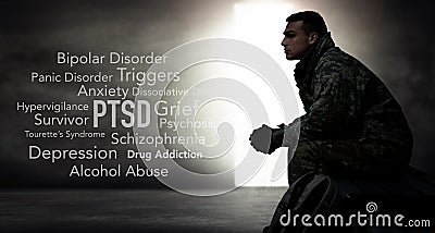 Soldier, words and overlay with anxiety, PTSD and psychology text of a veteran and man. Military, letter collage and Stock Photo