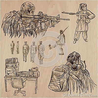 Soldiers, Army - An hand drawn vector collection. Warriors around the World. Freehand sketching, hand drawing. Vector Illustration