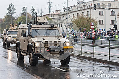 Soldiers of Czech Army are riding light multirole vehicle on military parade in Prague, Czech Republic Stock Photo
