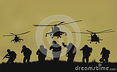 the soldiers going to attack and helicopters. Vector Illustration