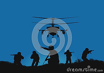 the soldiers going to attack and helicopters. Stock Photo