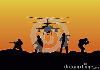 the soldiers going to attack and helicopters. Vector Illustration