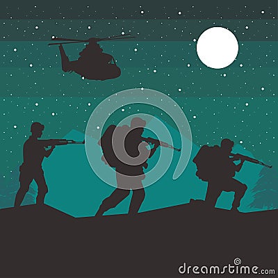 Soldiers and helicopter figures silhouettes at night scene Vector Illustration