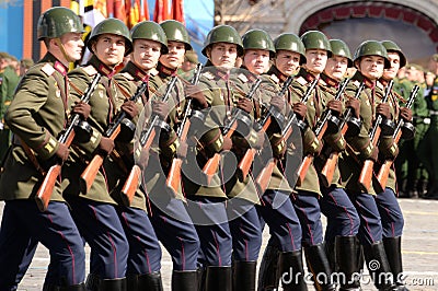 Soldiers of the parade squad during the dress rehearsal of the parade on Moscow`s Red Square in honor of Victory Day Editorial Stock Photo