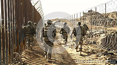 Soldiers on patrol near a secure fence in arid terrain. Military operation in a desert environment. Uniformed personnel Stock Photo