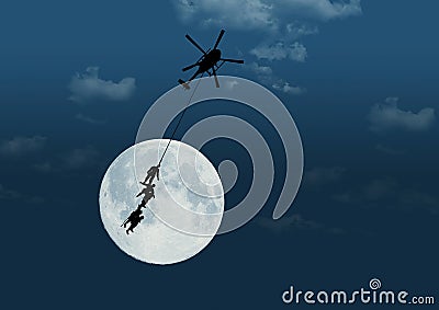 Soldiers are seen being airlifted by a helicopter at night Cartoon Illustration