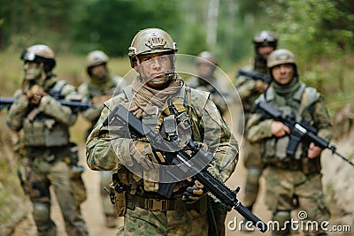 Soldiers standing with the team and is looking forward Stock Photo