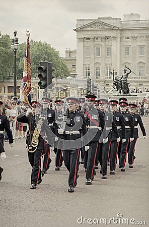 Soldiers trooping at the Birthday Parade of the Queen, Horse Guards, London, England Editorial Stock Photo