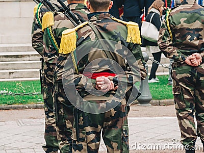 Soldiers from US and France with flags at parade on 8th of may Editorial Stock Photo